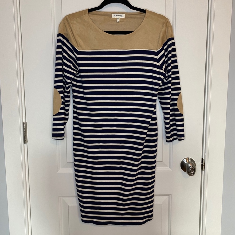 Women’s Striped T-Shirt Dress Tan Elbow Patch
